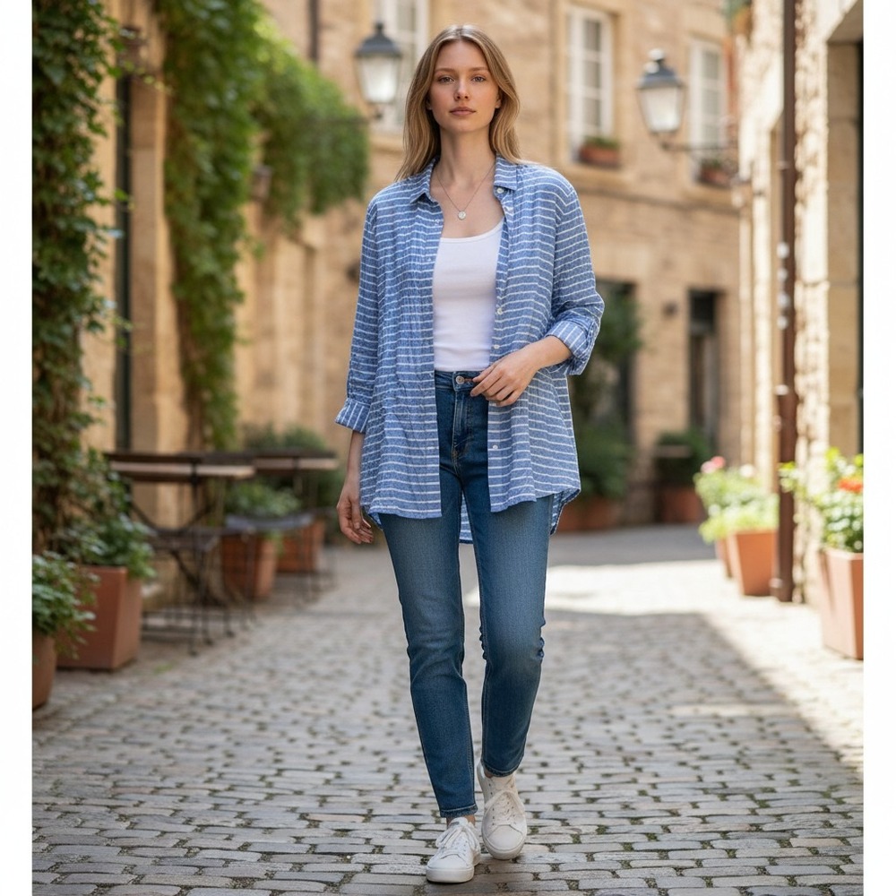 J McLaughlin Shirt Women Blue White Striped Puckered Button Down Shirt Size L